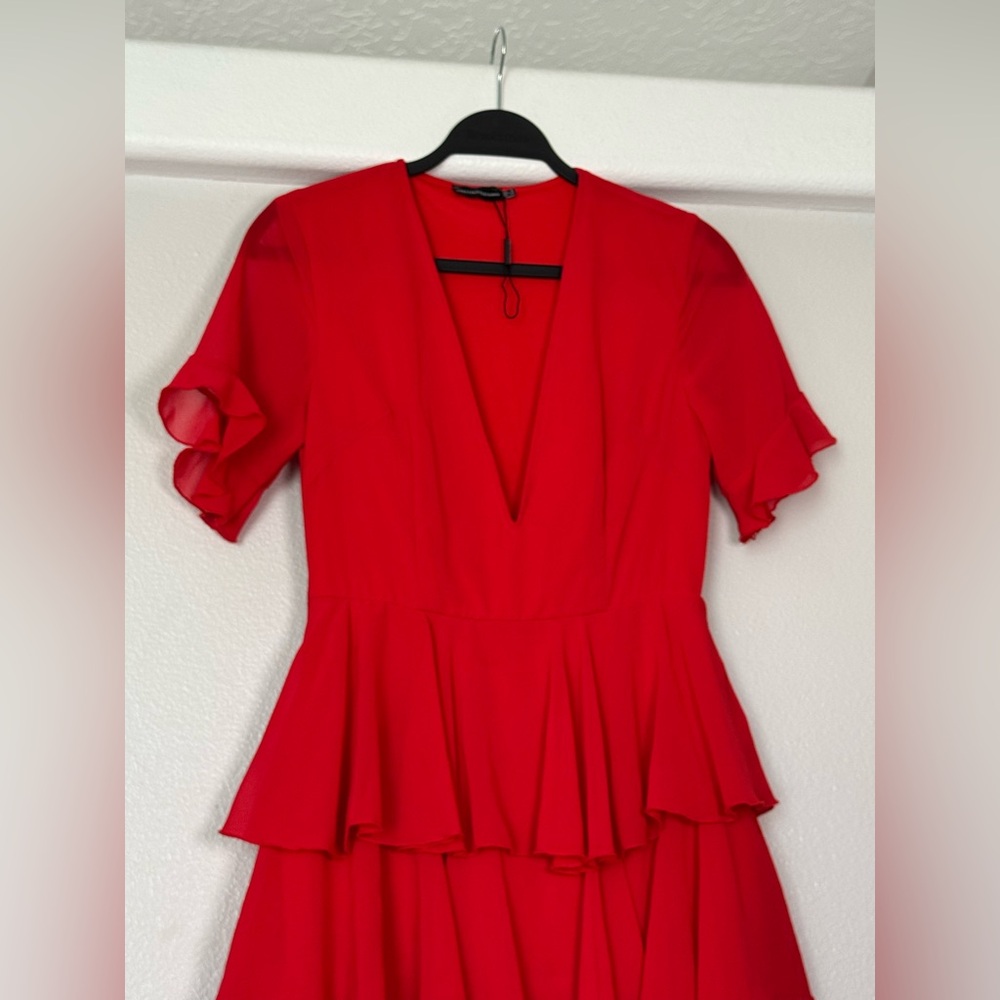 PrettyLittleThing Red Chiffon Ruffle Layer Maxi Dress Size 4 - Picture 3 of 11